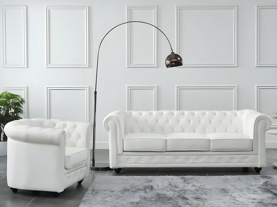 Vente-unique Driezitsbank en fauteuil van buffelleer CHESTERFIELD Wit L 205 cm x H 72 cm x D 88 cm - Foto 2