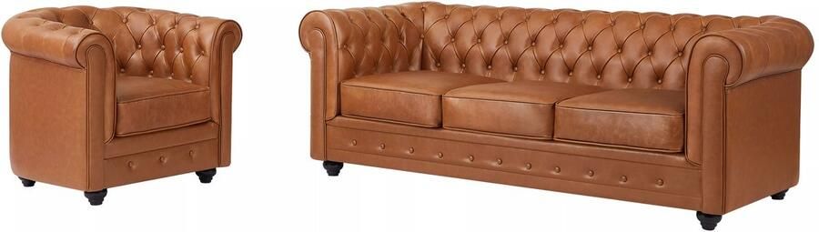 Vente-unique Driezitsbank en fauteuil van camelkleurig vaarsleer CHESTERFIELD L 205 cm x H 72 cm x D 88 cm