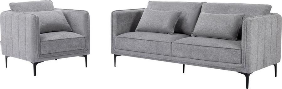 Vente-unique Driezitsbank en fauteuil van grijze stof TORMELDA L 194 cm x H 86 cm x D 80 cm