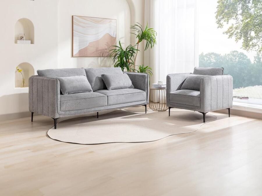 Vente-unique Driezitsbank en fauteuil van grijze stof TORMELDA L 194 cm x H 86 cm x D 80 cm - Foto 2