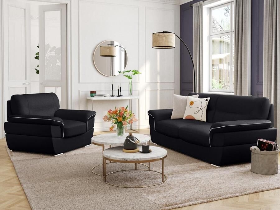 Vente-unique Driezitsbank en fauteuil van leer THIBAULT zwart L 210 cm x H 87 cm x D 93 cm - Foto 2