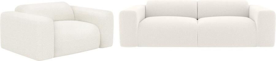 Vente-unique Driezitsbank en fauteuil van witte boucléstof POGNI van Maison Céphy L 205 cm x H 73 cm x D 97 cm