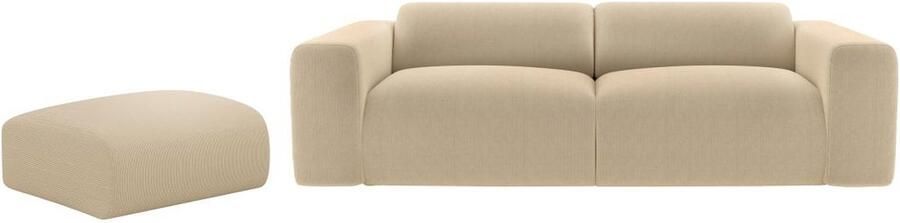 Vente-unique Driezitsbank en poef van beige stof met textuur POGNI van Maison Céphy L 205 cm x H 73 cm x D 97 cm