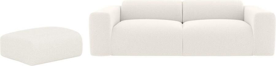 Vente-unique Driezitsbank en poef van witte boucléstof POGNI van Maison Céphy L 205 cm x H 73 cm x D 97 cm