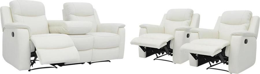 Vente-unique Driezitsbank en twee relaxfauteuils EVASION van leer ivoorwit L 205 cm x H 100 cm x D 96 cm