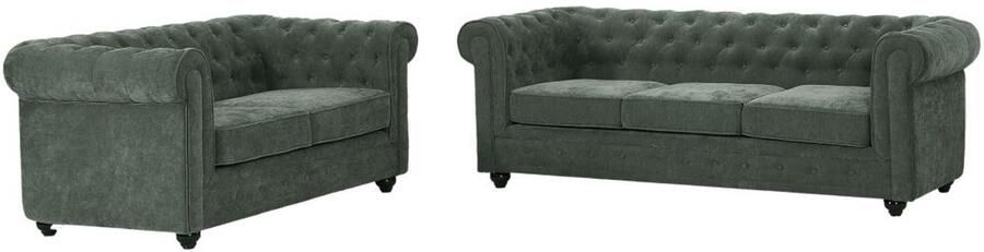 Vente-unique Driezitsbank en tweezitsbank in groene stof CHESTERFIELD