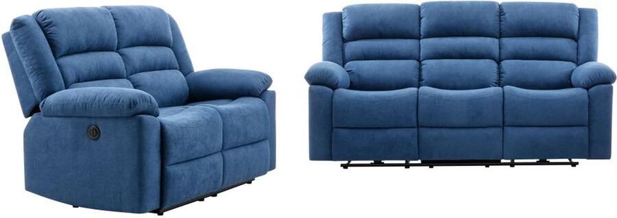 Vente-unique Driezitsbank en tweezitsbank met elektrische relaxfunctie van blauwe stoffen bekleding BUROLO L 199 cm x H 103 cm x D 95 cm