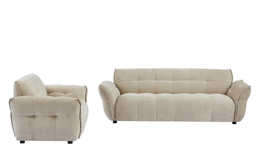 Vente-unique Driezitsbank en fauteuil van beige gechineerde stof NAPIZO L 228 cm x H 79 cm x D 89 cm - Foto 2