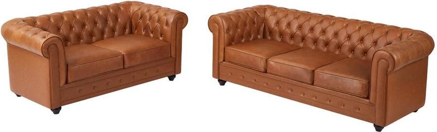 Vente-unique Driezitsbank en tweezitsbank van camelkleurig vaarsleer CHESTERFIELD L 205 cm x H 72 cm x D 88 cm