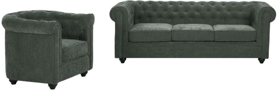 Vente-unique Driezitsbank in groene stof CHESTERFIELD
