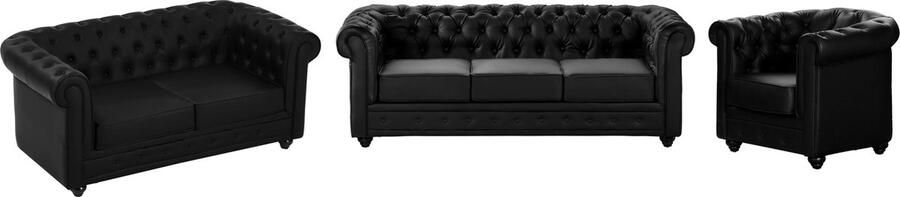 Vente-unique Driezitsbank tweezitsbank en fauteuil van zwart kunstleer CHESTERFIELD L 205 cm x H 72 cm x D 88 cm