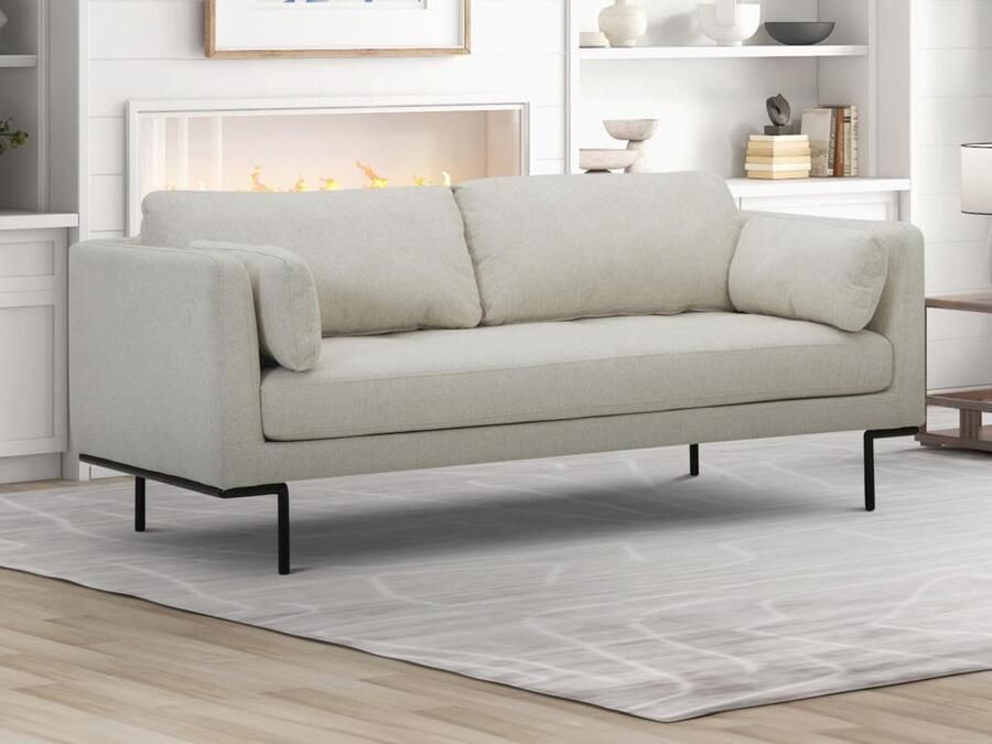 Vente-unique Driezitsbank van beige stof en metalen poten ISABELLA van Maison Céphy L 189 cm x H 83 cm x D 89 cm