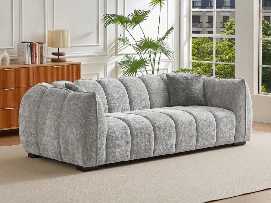 Vente-unique Driezitsbank van grijze stof met textuur BASDIO L 227 cm x H 71 cm x D 106 cm - Foto 3