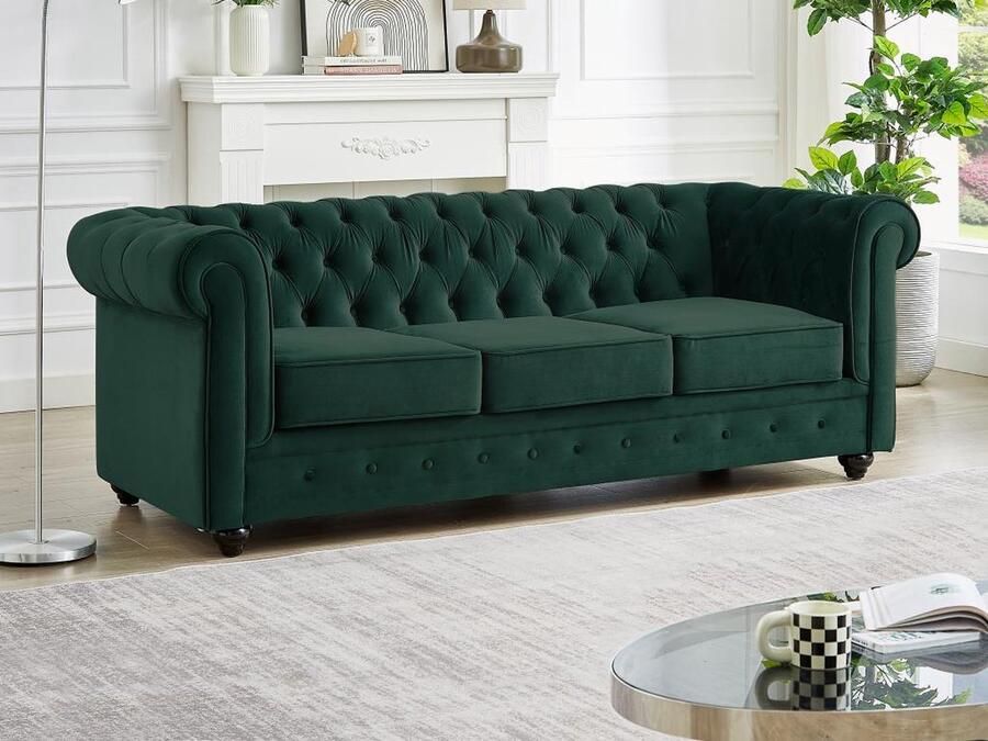Vente-unique Driezitsbank van groen velours CHESTERFIELD L 205 cm x H 72 cm x D 88 cm - Foto 2