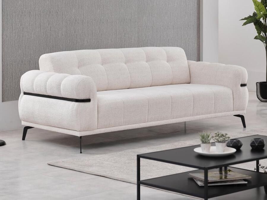 Vente-unique Driezitsbank van ivoorwitte stof met textuur BELDOJA L 233 cm x H 85 cm x D 98 cm - Foto 2