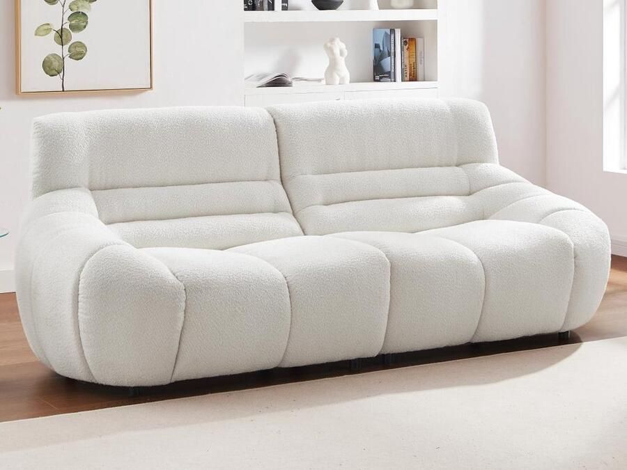 Vente-unique Driezitsbank van witte boucléstof BOVERA L 220 cm x H 86 cm x D 94 cm