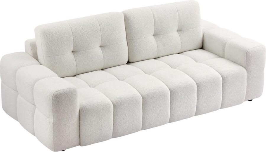 Vente-unique Driezitsbank van witte boucléstof SOPELANA L 220 cm x H 78 cm x D 100 cm