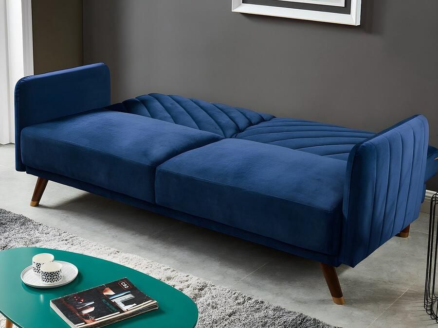 Vente-unique Driezitsbedbank van fluweel JORIS Blauw L 198 cm x H 87 cm x D 95 cm - Foto 2
