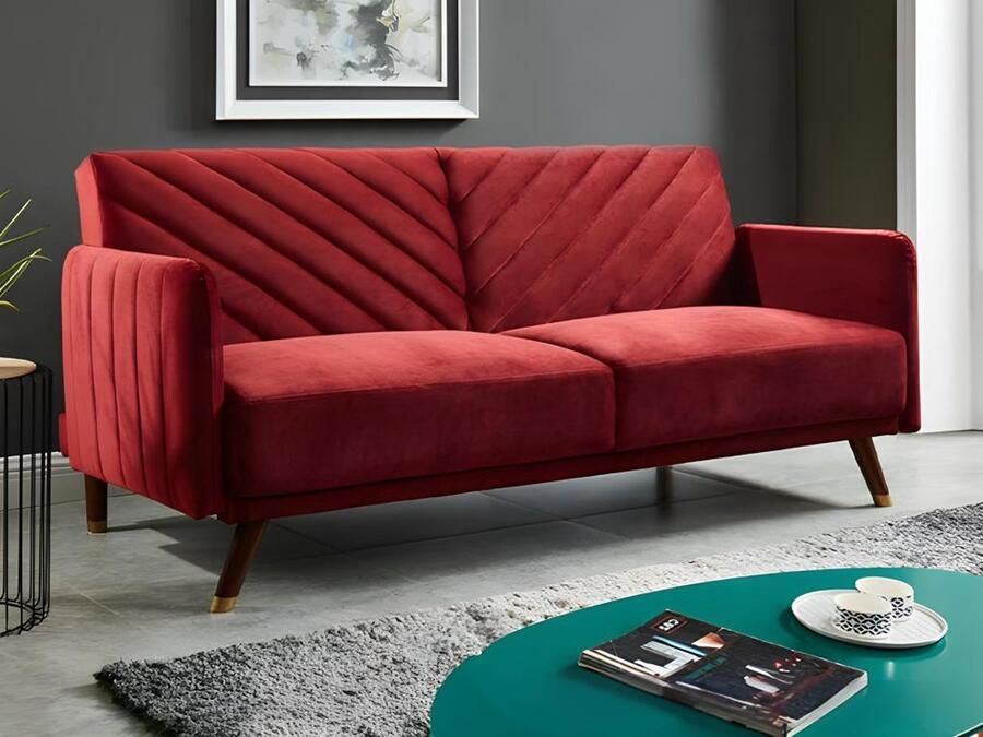 Vente-unique Driezitsbedbank van fluweel JORIS Rood L 198 cm x H 87 cm x D 95 cm