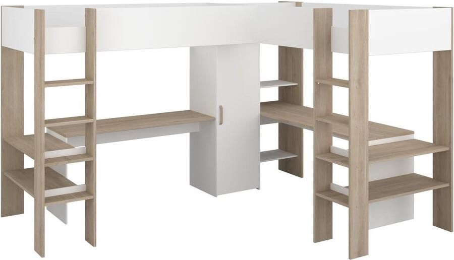 Vente-unique Dubbele hoekhoogslaper 2 x 90 x 200 cm Met opbergruimte en bureaus Wit en naturel LASCANO L 295.7 cm x H 180 cm x D 232.2 cm - Foto 14