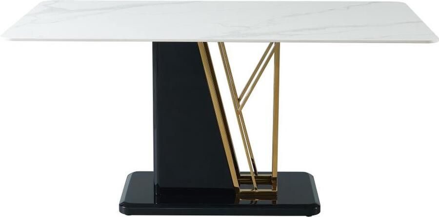 Vente-unique Eettafel 6 personen van keramiek en mdf Wit goudkleurig en zwart gelakt marmereffect BALLARAT L 160 cm x H 76 cm x D 90 cm - Foto 3