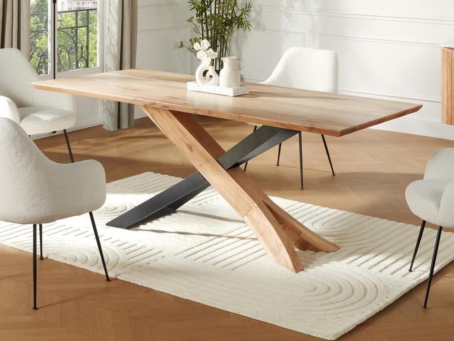 Vente-unique Eettafel 8 personen in acaciahout en zwart metaal Houtlook DAMINO L 190 cm x H 77.5 cm x D 90 cm
