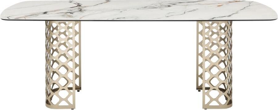 Vente-unique Eettafel 8 personen in gehard glas en keramiek Witte marmerlook en goudkleurig GOLDENA L 220 cm x H 76 cm x D 100 cm
