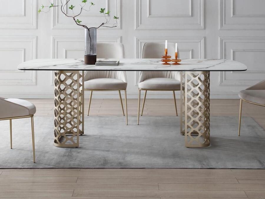 Vente-unique Eettafel 8 personen in gehard glas en keramiek Witte marmerlook en goudkleurig GOLDENA L 220 cm x H 76 cm x D 100 cm - Foto 2