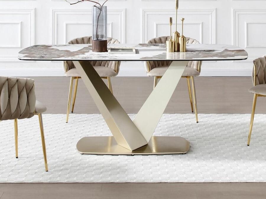 Vente-unique Eettafel voor 6 personen van keramiek gehard glas en goudkleurig metaal Wit marmereffect en grijs PORELIMA van Maison Céphy L 180 cm x H 76 cm x D 90 cm - Foto 2