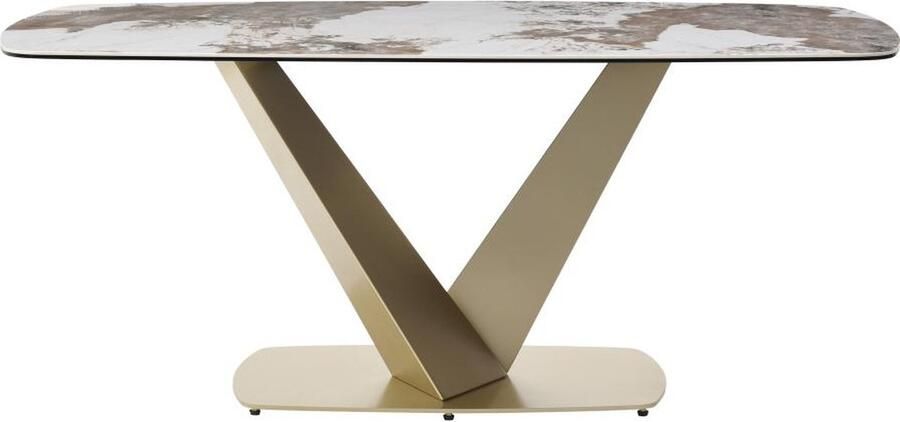 Vente-unique Eettafel voor 6 personen van keramiek gehard glas en goudkleurig metaal Wit marmereffect en grijs PORELIMA van Maison Céphy L 180 cm x H 76 cm x D 90 cm