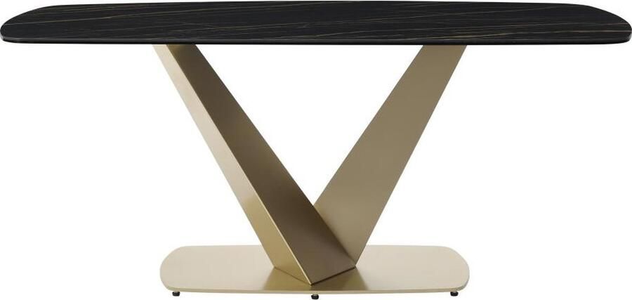 Vente-unique Eettafel voor 6 personen van keramiek gehard glas en goudkleurig metaal Zwart marmereffect PORELIMA van Maison Céphy L 180 cm x H 76 cm x D 90 cm