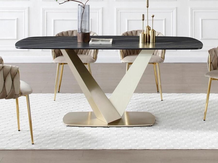 Vente-unique Eettafel voor 6 personen van keramiek gehard glas en goudkleurig metaal Zwart marmereffect PORELIMA van Maison Céphy L 180 cm x H 76 cm x D 90 cm - Foto 2