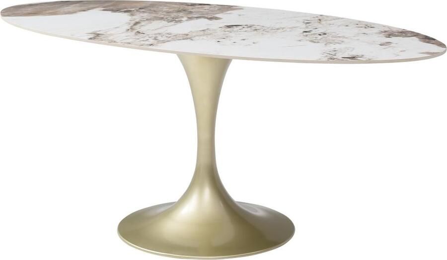 Vente-unique Eettafel voor 8 personen van keramiek en goudkleurig metaal Wit marmereffect en grijs ELVA van Maison Céphy L 180 cm x H 78 cm x D 90 cm