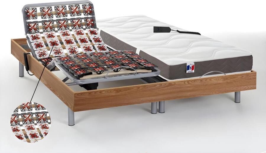 Vente-unique Elektrisch relaxbed met contactplaatjes en 100% latexmatras 3 zones JUPITER van DREAMEA Eiken 2 x 70 x 190 cm OKIN-motors L 190 cm x H 35 cm x D 140 cm