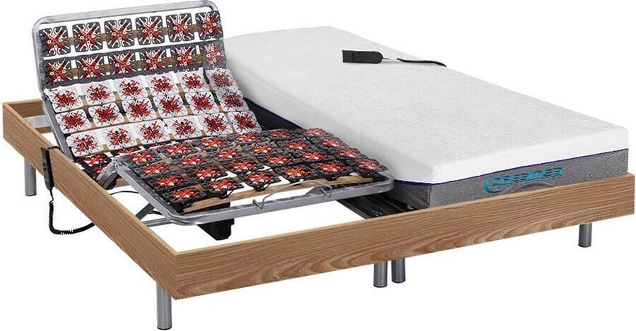 Vente-unique Elektisch relaxbed met contactplaatjes en matras met vormgeheugen HESIODE III van DREAMEA OKIN-motors Natuurlijk eiken 2 x 70 x 190 cm L 190 cm x H 35 cm x D 140 cm