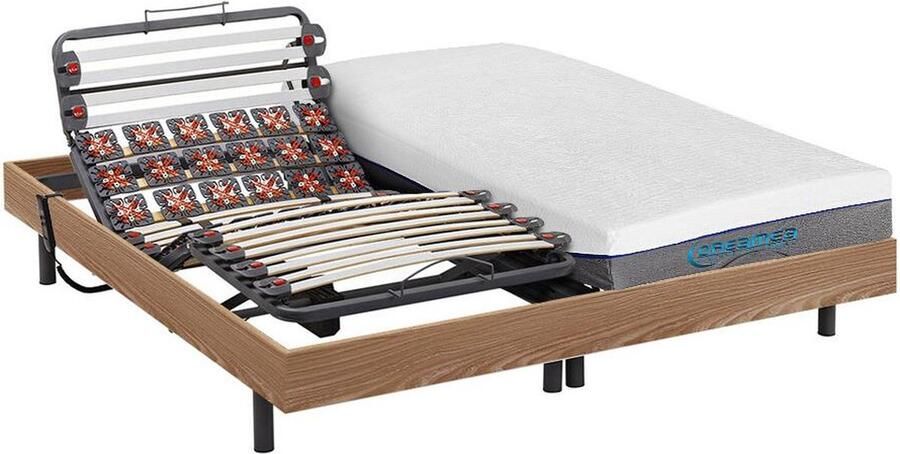 Vente-unique Elektrisch bed – bedbodem en matras – latten en contactplaatjes vormgeheugen DIONYSOS van DREAMEA OKIN motoren taupe eikenhout- 2 x 80 x 200 cm L 200 cm x H 35 cm x D 160 cm