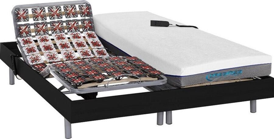 Vente-unique Elektrisch bed – bedbodem en matras – met vormgeheugen HESIODE III van DREAMEA zwart motoren OKIN 2x70x190 cm L 190 cm x H 35 cm x D 140 cm