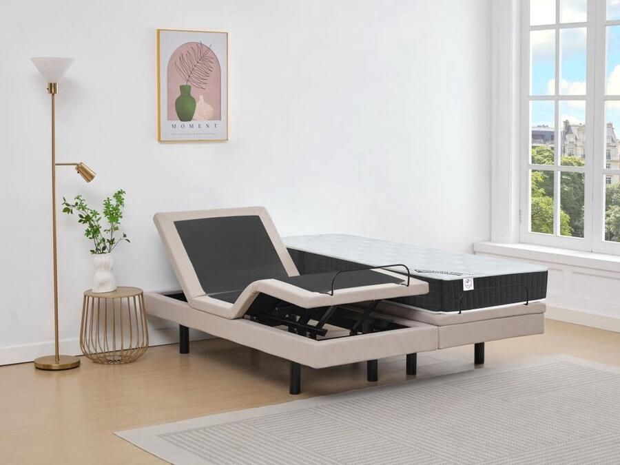 Vente-unique Elektrisch decoratief relaxbed + matras met pocketveren en vormgeheugen 2 x 90 x 200 cm Stof Beige RIZALI van DREAMEA L 200 cm x H 41 cm x D 180 cm - Foto 2