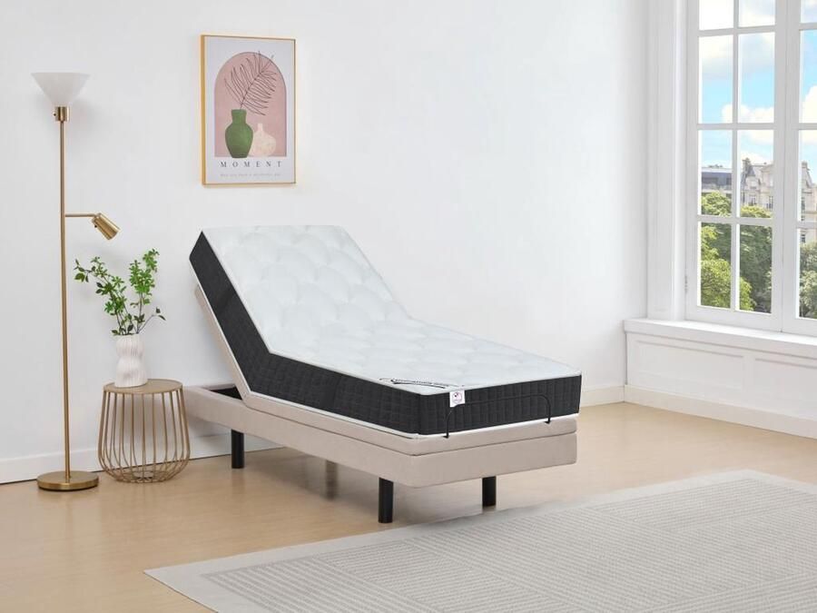 Vente-unique Elektrisch decoratief relaxbed + matras met pocketveren en vormgeheugen 90 x 200 cm Stof Beige RIZALI van DREAMEA L 200 cm x H 41 cm x D 90 cm - Foto 2