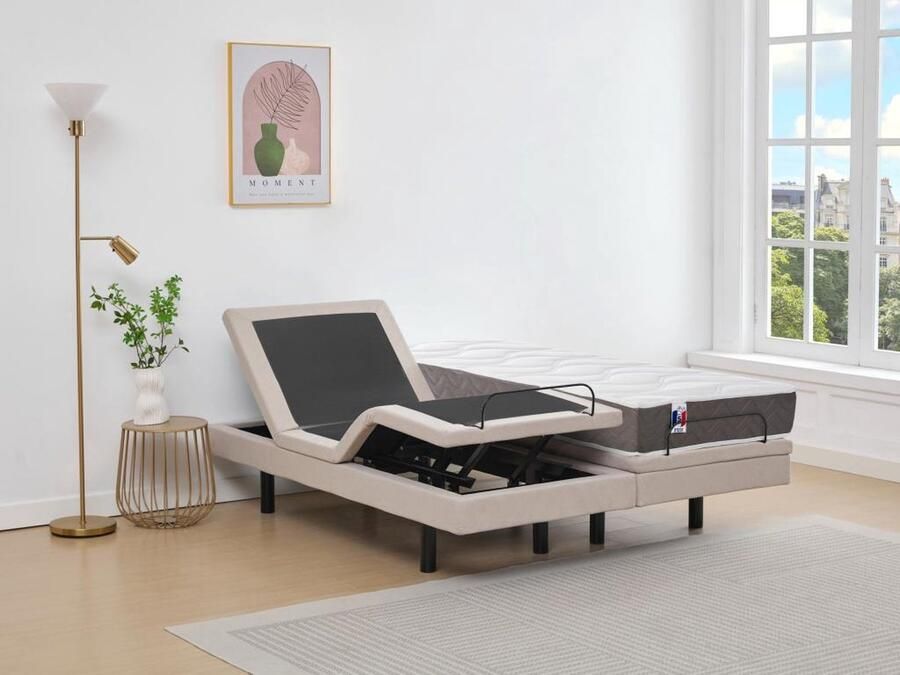 Vente-unique Elektrisch decoratief relaxbed + matras van 100% latex met 3 zones 2 x 80 x 200 cm Stof Beige PANISOLA van DREAMEA L 200 cm x H 41 cm x D 160 cm - Foto 2