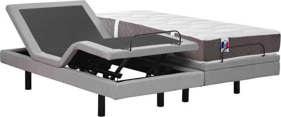Vente-unique Elektrisch decoratief relaxbed + matras van 100% latex met 3 zones 2 x 80 x 200 cm Stof Grijs PANISOLA van DREAMEA L 200 cm x H 41 cm x D 160 cm