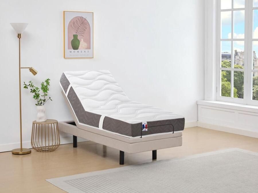 Vente-unique Elektrisch decoratief relaxbed + matras van 100% latex met 3 zones 90 x 200 cm Stof Beige PANISOLA van DREAMEA L 200 cm x H 41 cm x D 90 cm - Foto 2