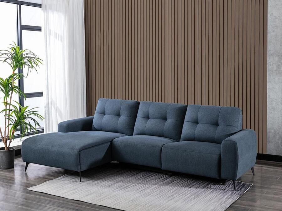 Vente-unique Elektrische hoekbank links in blauw gevlekte stof NERUDA L 286 cm x H 92.5 cm x D 161 cm