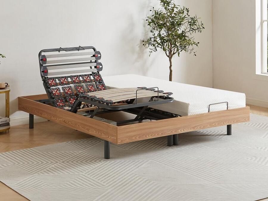 Vente-unique Elektrische lattenbodem met contactplaatjes van eikenhout van DREAMEA 2 x 30 contactplaatjes 2 x 90 x 200 cm OKIN motoren L 200 cm x H 35 cm x D 180 cm