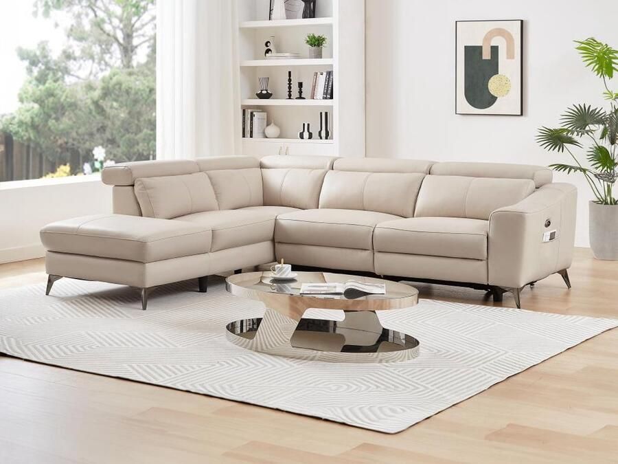 Vente-unique Hoekbank met elektrische relaxfunctie en linkerhoek in crèmekleurig leer FORLO L 275 cm x H 79 cm x D 223 cm