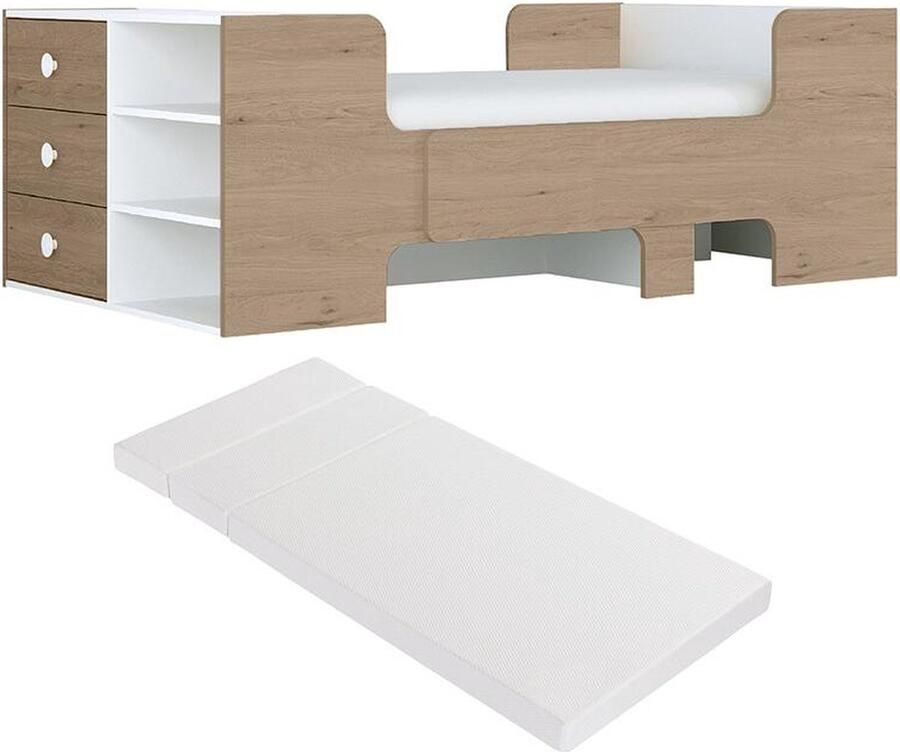 Vente-unique Evolutief bed 90 x 140 170 200 cm met opbergruimte naturel en wit + matras GAROLIO L 233.1 cm x H 60 cm x D 96 cm