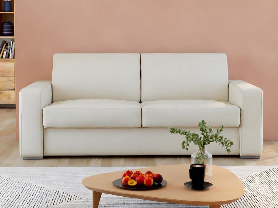 Vente-unique Snel omgebouwde slaapbank met 3 zitplaatsen in 100% wit buffelleer en een matras van 18 cm. DELECTEA II L 200 cm x H 84 cm x D 100 cm