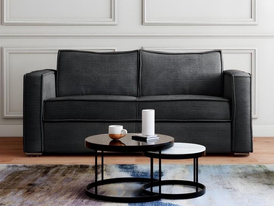 Vente-unique Express-driezits-slaapbank van antracietgrijs ribfluweel Bed 140 cm Matras 18 cm LORETO L 195 cm x H 90 cm x D 95 cm