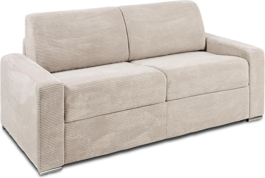 Vente-unique Express-driezitsslaapbank van beige ribfluweel Bed 140 cm Matras 14 cm CALITO L 194 cm x H 85 cm x D 94 cm