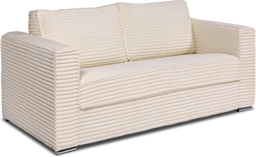 Vente-unique Express-driezitsslaapbank van beige ribfluweel met brede ribbels Bed 140 cm Matras 18 cm LORETO L 195 cm x H 90 cm x D 223 cm